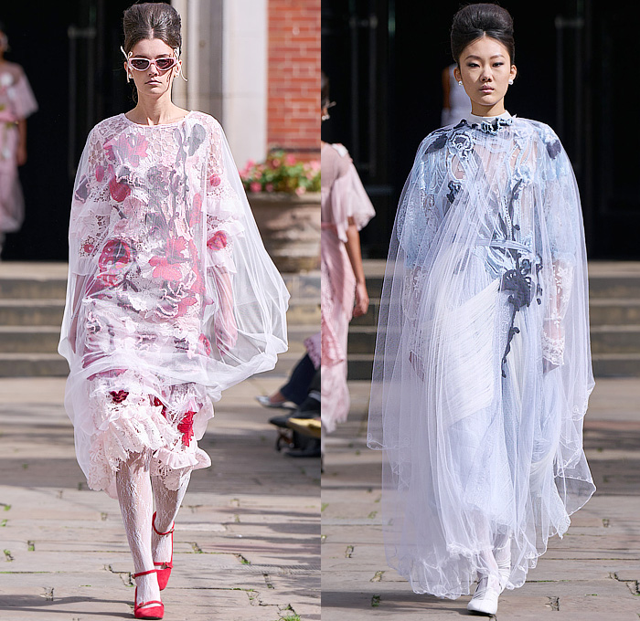 Bora Aksu 2025 Spring Summer Womens Runway Collection - London Fashion Week LFW - Sheer Tulle Organza Lace Embroidery Dress Knit Cardigan Sweater Jumper Crochet Mesh Flowers Floral Plants Bows Ribbons Opera Gloves Peter Pan Collar Wrap Draped Pink Red Accordion Pleats Blazer Jacket Hearts Blouse Stripes Capelet Pellegrina Polka Dots Onesie Jumpsuit Turtleneck Pussycat Bow Grandma Chic Leg O'Mutton Shoulders Tights Leggings Tutu Sunglasses Mary Janes Handbag