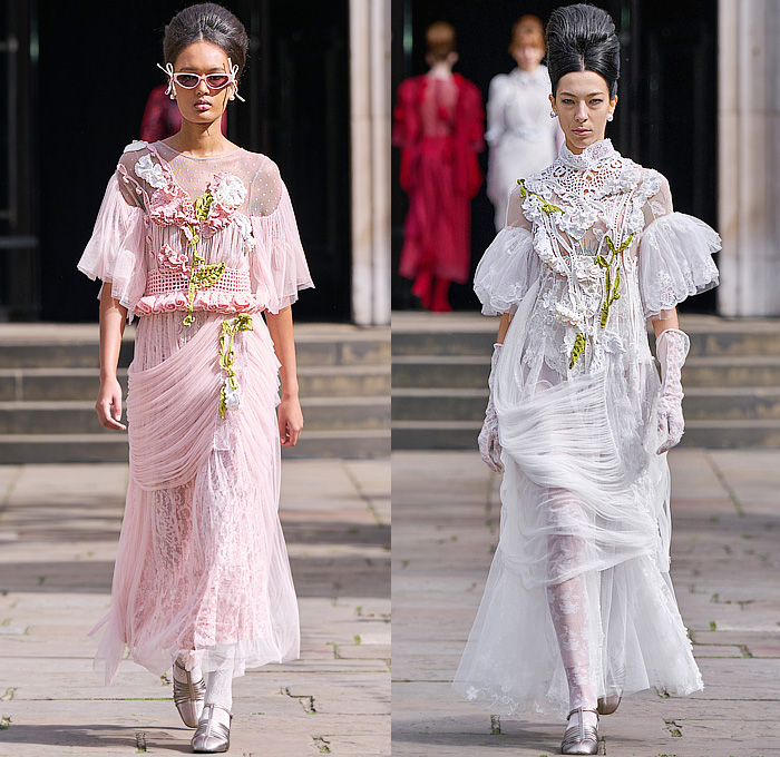 Bora Aksu 2025 Spring Summer Womens Runway Collection - London Fashion Week LFW - Sheer Tulle Organza Lace Embroidery Dress Knit Cardigan Sweater Jumper Crochet Mesh Flowers Floral Plants Bows Ribbons Opera Gloves Peter Pan Collar Wrap Draped Pink Red Accordion Pleats Blazer Jacket Hearts Blouse Stripes Capelet Pellegrina Polka Dots Onesie Jumpsuit Turtleneck Pussycat Bow Grandma Chic Leg O'Mutton Shoulders Tights Leggings Tutu Sunglasses Mary Janes Handbag