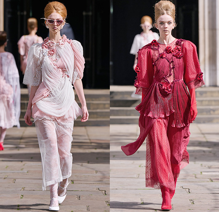 Bora Aksu 2025 Spring Summer Womens Runway Collection - London Fashion Week LFW - Sheer Tulle Organza Lace Embroidery Dress Knit Cardigan Sweater Jumper Crochet Mesh Flowers Floral Plants Bows Ribbons Opera Gloves Peter Pan Collar Wrap Draped Pink Red Accordion Pleats Blazer Jacket Hearts Blouse Stripes Capelet Pellegrina Polka Dots Onesie Jumpsuit Turtleneck Pussycat Bow Grandma Chic Leg O'Mutton Shoulders Tights Leggings Tutu Sunglasses Mary Janes Handbag