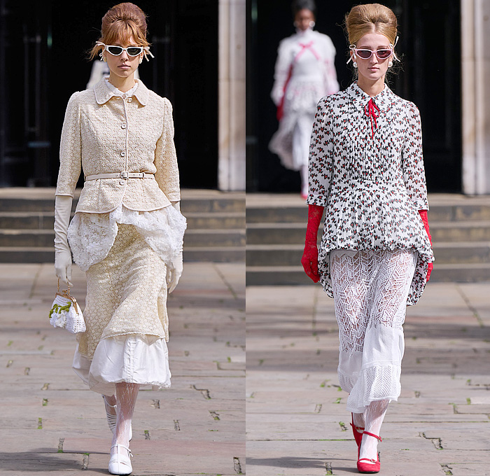 Bora Aksu 2025 Spring Summer Womens Runway Collection - London Fashion Week LFW - Sheer Tulle Organza Lace Embroidery Dress Knit Cardigan Sweater Jumper Crochet Mesh Flowers Floral Plants Bows Ribbons Opera Gloves Peter Pan Collar Wrap Draped Pink Red Accordion Pleats Blazer Jacket Hearts Blouse Stripes Capelet Pellegrina Polka Dots Onesie Jumpsuit Turtleneck Pussycat Bow Grandma Chic Leg O'Mutton Shoulders Tights Leggings Tutu Sunglasses Mary Janes Handbag