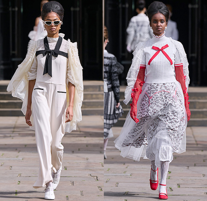 Bora Aksu 2025 Spring Summer Womens Runway Collection - London Fashion Week LFW - Sheer Tulle Organza Lace Embroidery Dress Knit Cardigan Sweater Jumper Crochet Mesh Flowers Floral Plants Bows Ribbons Opera Gloves Peter Pan Collar Wrap Draped Pink Red Accordion Pleats Blazer Jacket Hearts Blouse Stripes Capelet Pellegrina Polka Dots Onesie Jumpsuit Turtleneck Pussycat Bow Grandma Chic Leg O'Mutton Shoulders Tights Leggings Tutu Sunglasses Mary Janes Handbag