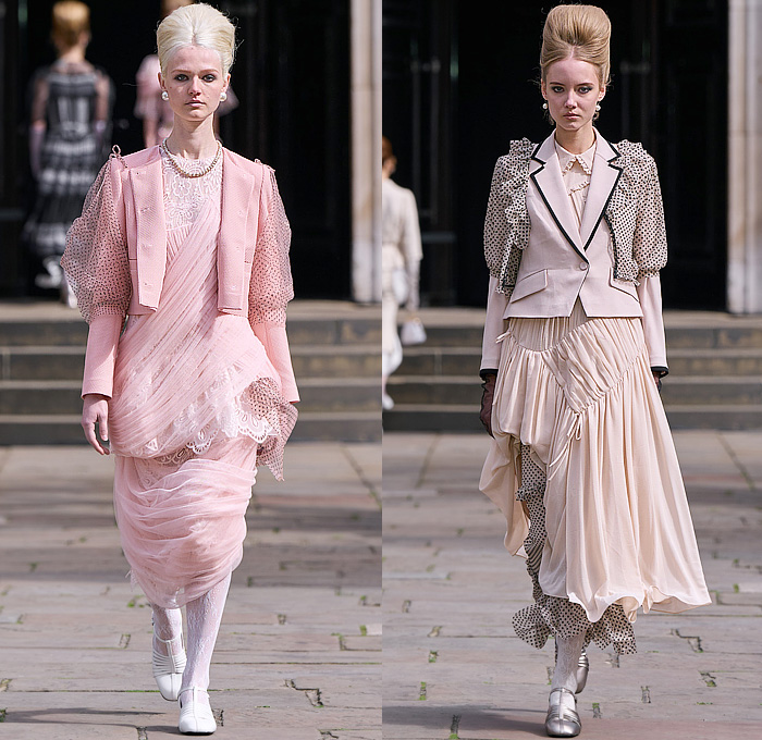 Bora Aksu 2025 Spring Summer Womens Runway Collection - London Fashion Week LFW - Sheer Tulle Organza Lace Embroidery Dress Knit Cardigan Sweater Jumper Crochet Mesh Flowers Floral Plants Bows Ribbons Opera Gloves Peter Pan Collar Wrap Draped Pink Red Accordion Pleats Blazer Jacket Hearts Blouse Stripes Capelet Pellegrina Polka Dots Onesie Jumpsuit Turtleneck Pussycat Bow Grandma Chic Leg O'Mutton Shoulders Tights Leggings Tutu Sunglasses Mary Janes Handbag