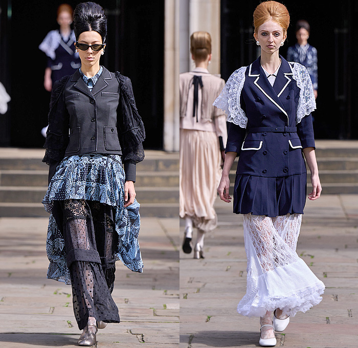 Bora Aksu 2025 Spring Summer Womens Runway Collection - London Fashion Week LFW - Sheer Tulle Organza Lace Embroidery Dress Knit Cardigan Sweater Jumper Crochet Mesh Flowers Floral Plants Bows Ribbons Opera Gloves Peter Pan Collar Wrap Draped Pink Red Accordion Pleats Blazer Jacket Hearts Blouse Stripes Capelet Pellegrina Polka Dots Onesie Jumpsuit Turtleneck Pussycat Bow Grandma Chic Leg O'Mutton Shoulders Tights Leggings Tutu Sunglasses Mary Janes Handbag