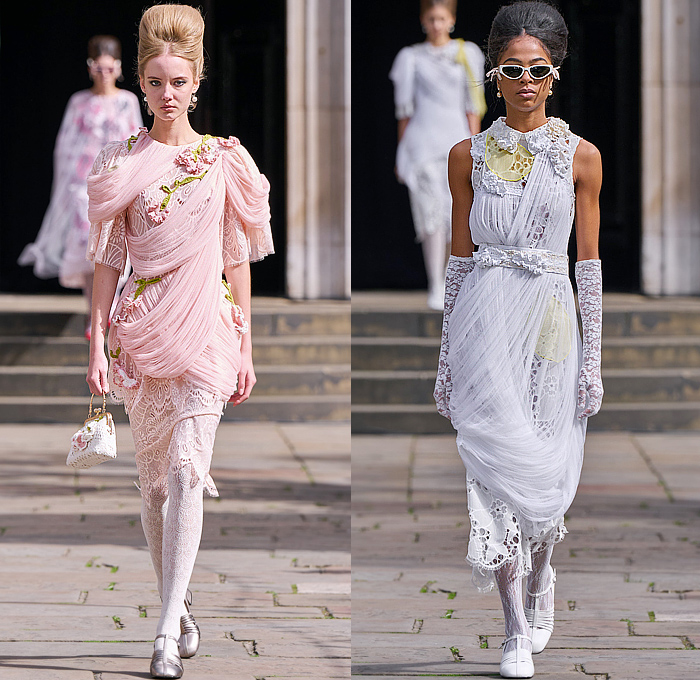 Bora Aksu 2025 Spring Summer Womens Runway Collection - London Fashion Week LFW - Sheer Tulle Organza Lace Embroidery Dress Knit Cardigan Sweater Jumper Crochet Mesh Flowers Floral Plants Bows Ribbons Opera Gloves Peter Pan Collar Wrap Draped Pink Red Accordion Pleats Blazer Jacket Hearts Blouse Stripes Capelet Pellegrina Polka Dots Onesie Jumpsuit Turtleneck Pussycat Bow Grandma Chic Leg O'Mutton Shoulders Tights Leggings Tutu Sunglasses Mary Janes Handbag