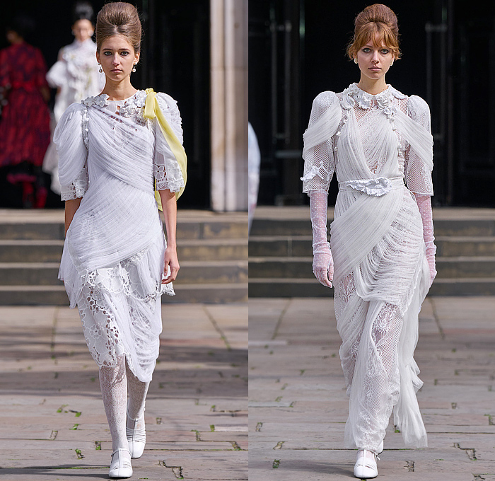 Bora Aksu 2025 Spring Summer Womens Runway Collection - London Fashion Week LFW - Sheer Tulle Organza Lace Embroidery Dress Knit Cardigan Sweater Jumper Crochet Mesh Flowers Floral Plants Bows Ribbons Opera Gloves Peter Pan Collar Wrap Draped Pink Red Accordion Pleats Blazer Jacket Hearts Blouse Stripes Capelet Pellegrina Polka Dots Onesie Jumpsuit Turtleneck Pussycat Bow Grandma Chic Leg O'Mutton Shoulders Tights Leggings Tutu Sunglasses Mary Janes Handbag