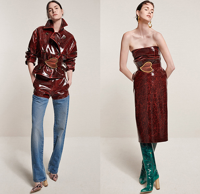 Brandon Maxwell 2025 Resort Cruise Pre-Spring Womens Lookbook - Patchwork Denim Jeans Western Shirt Blouse Sheer Tulle Bedazzled Crystals Rhinestones Plaid Check Cargo Pockets Heart Buckle Wide Belt Snakeskin Marbled Polished Leather Quilted Puffer Gold Foil Metallic Raincoat Outerwear Pea Coat Wrinkled Crumpled Strapless Open Shoulders Pencil Skirt Sleeveless Slip Dress Draped Dress Knit Sweater Jumper Suction Cups High Slit Pumps Boots