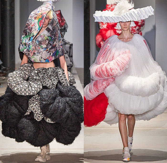 Comme des Garçons 2025 Spring Summer Womens Runway Collection - Paris Fashion Week PFW - Uncertain Future - Sculpture Cat Tree Cake Tower Plush Quilted Puffer Corrugated Fence Elongated Sleeves Circles Dress Gown Flowers Floral Carnations Brocade Bee Hive Giant Sewing Thimble Balloon Skirt Wide Sleeves Mesh Fishnet Net Pillows Sacks Bedazzled Sequins Crystals Tiered Layers Tipi Tent Sheer Tulle Cone Coils Cocoon Voluminous Ruffles Bubbles Headwear Boots Mary Janes Matador Hat