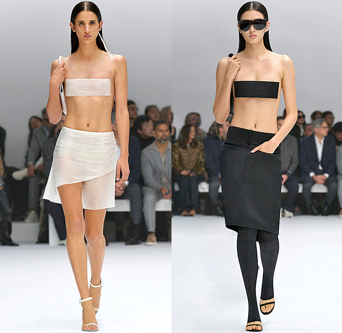 Courrèges 2025 Spring Summer Womens Runway Collection - Paris Fashion Week Femme PFW - Minimalist Bandeau Strip Strap Crop Top Midriff Gauze Mesh Miniskirt Leggings Tights Peel Away Cutout Pantsuit Blazer Slashed Sleeveless Dress Halterneck Scoop Back Bedazzled Beads Box Neck Wide Leg Palazzo Pants Flare Petal Dots Spots Asymmetrical Twist Tied Cinch Strapless Draped Onesie Coveralls Cocoon Hood Coat Jacket Hanging Sleeve Handbag Sunglasses