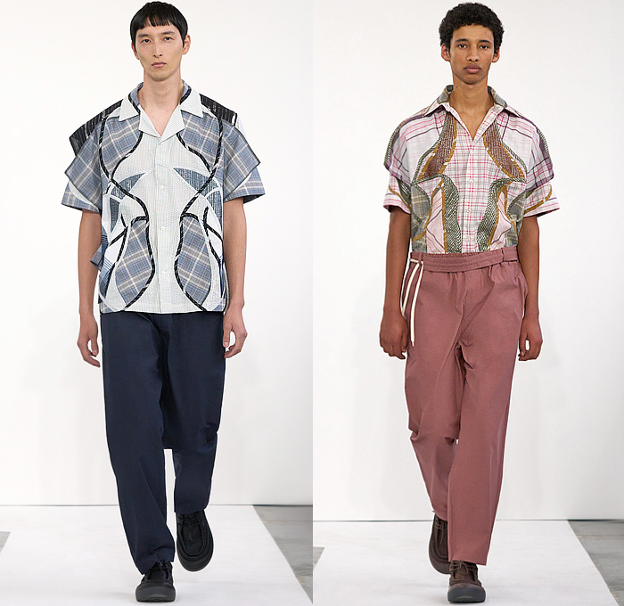 Craig Green 2025 Spring Summer Mens Runway Collection - Patchwork Deconstructed Handkerchief Bowling Shirt Plaid Check Tartan Cape Poncho Pellegrina Pajamas Loungewear Onesie Shirtall Coveralls Stripes Geometric Sweater Knit Backpack Shoulder Straps Basketweave Mesh Flowers Floral Sunflowers Fringes Draped Tractors Fire Trucks Sporty Protective Gear Pads Vest Quilted Ribbed Shorts Outerwear Coat Parka Funnel Neck Wallabees