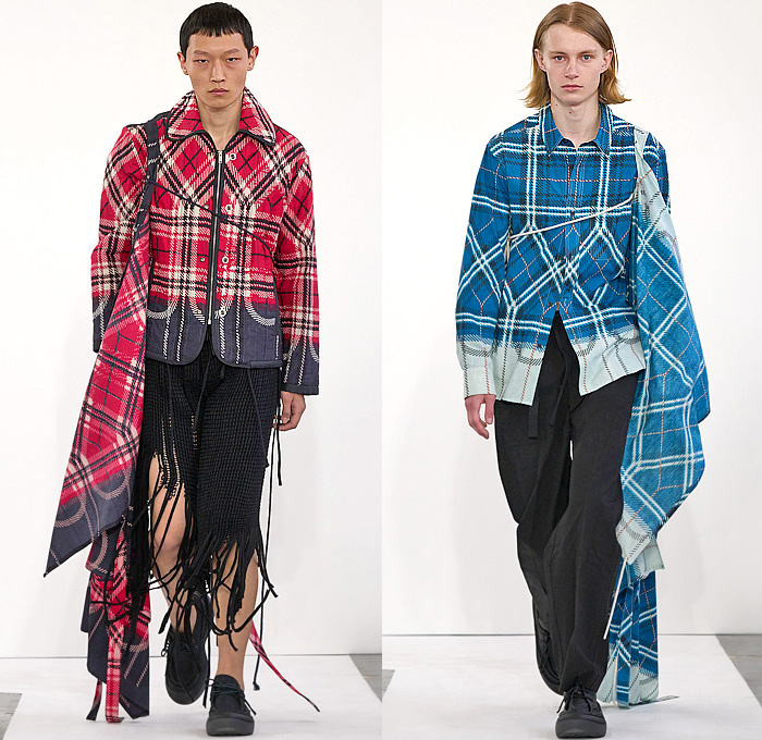 Craig Green 2025 Spring Summer Mens Runway Collection - Patchwork Deconstructed Handkerchief Bowling Shirt Plaid Check Tartan Cape Poncho Pellegrina Pajamas Loungewear Onesie Shirtall Coveralls Stripes Geometric Sweater Knit Backpack Shoulder Straps Basketweave Mesh Flowers Floral Sunflowers Fringes Draped Tractors Fire Trucks Sporty Protective Gear Pads Vest Quilted Ribbed Shorts Outerwear Coat Parka Funnel Neck Wallabees