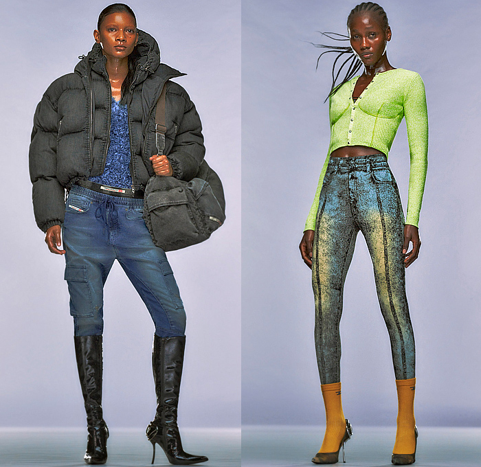 Diesel 2025 Resort Cruise Pre-Spring Womens Lookbook - Fabric Treatments Grunge Peeled Threaded Distressed Denim Jeans Patchwork Jacket Skirt Quilted Puffer Shaggy Jogger Sweatpants Cargo Pants Pockets Knit Cardigan Sweater Jumper Miniskirt Leggings Tights Dress Crop Top Midriff Zipper Bralette Noodle Strap Hoodie Sweatshirt Vest Handkerchief Hem Tattered Frayed Raw Hem Tiered Check Plaid Leopard Bikini Lines Spray Paint Pop Print Handbag Boots Pumps