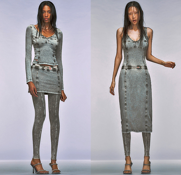 Diesel 2025 Resort Cruise Pre-Spring Womens Lookbook - Fabric Treatments Grunge Peeled Threaded Distressed Denim Jeans Patchwork Jacket Skirt Quilted Puffer Shaggy Jogger Sweatpants Cargo Pants Pockets Knit Cardigan Sweater Jumper Miniskirt Leggings Tights Dress Crop Top Midriff Zipper Bralette Noodle Strap Hoodie Sweatshirt Vest Handkerchief Hem Tattered Frayed Raw Hem Tiered Check Plaid Leopard Bikini Lines Spray Paint Pop Print Handbag Boots Pumps