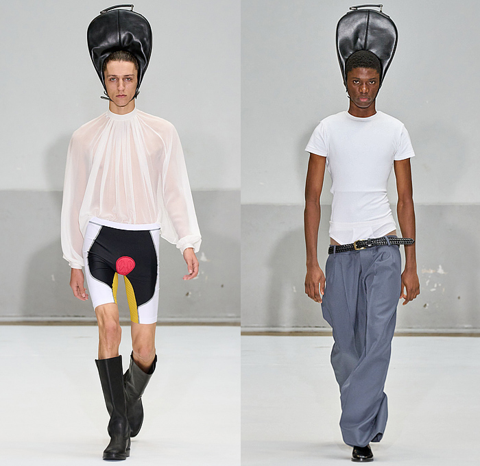 Duran Lantink 2025 Spring Summer Mens Looks - Paris Fashion Week PFW - Helmet Bag Sheer Organza Long Sleeve Crop Top Midriff Car Beads Seat Cover Military Shirt Onesie Romper Coveralls Jumpsuit Halterneck Hypnotic Stripes Bulge Plants Flowers Floral Wide Sleeves Elongated Cycling Shorts Wide Leg Baggy Loose Manskirt Padded Speedos Leggings Tights Boots