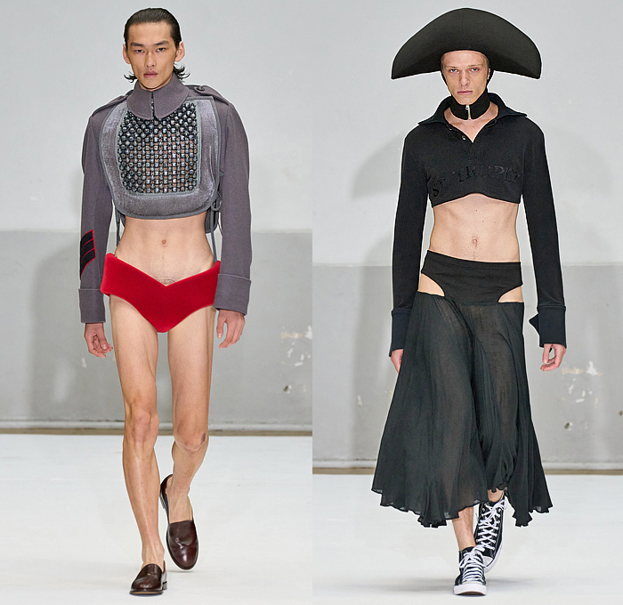 Duran Lantink 2025 Spring Summer Mens Looks - Paris Fashion Week PFW - Helmet Bag Sheer Organza Long Sleeve Crop Top Midriff Car Beads Seat Cover Military Shirt Onesie Romper Coveralls Jumpsuit Halterneck Hypnotic Stripes Bulge Plants Flowers Floral Wide Sleeves Elongated Cycling Shorts Wide Leg Baggy Loose Manskirt Padded Speedos Leggings Tights Boots