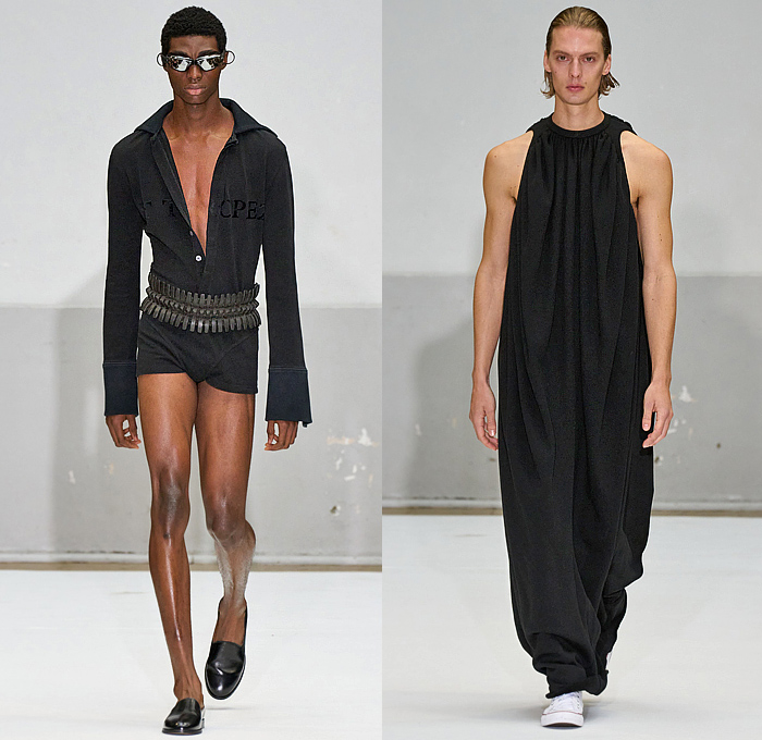 Duran Lantink 2025 Spring Summer Mens Looks - Paris Fashion Week PFW - Helmet Bag Sheer Organza Long Sleeve Crop Top Midriff Car Beads Seat Cover Military Shirt Onesie Romper Coveralls Jumpsuit Halterneck Hypnotic Stripes Bulge Plants Flowers Floral Wide Sleeves Elongated Cycling Shorts Wide Leg Baggy Loose Manskirt Padded Speedos Leggings Tights Boots