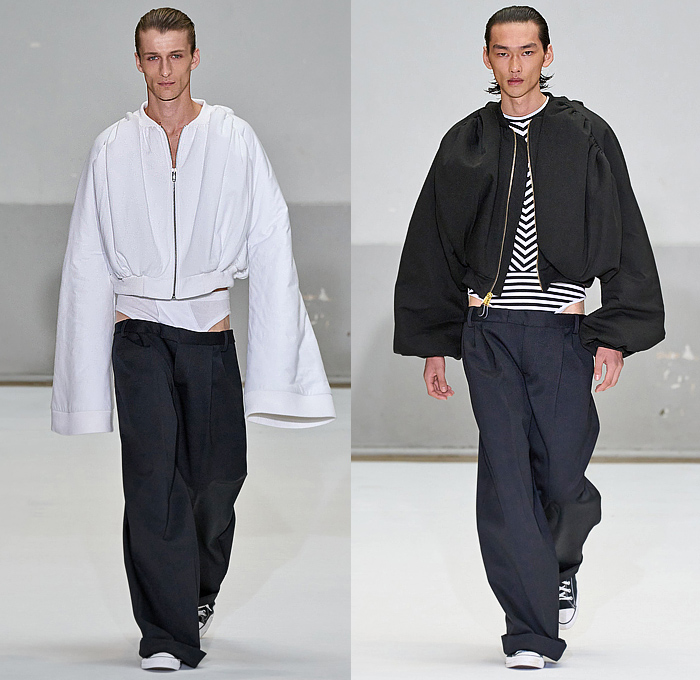 Duran Lantink 2025 Spring Summer Mens Looks - Paris Fashion Week PFW - Helmet Bag Sheer Organza Long Sleeve Crop Top Midriff Car Beads Seat Cover Military Shirt Onesie Romper Coveralls Jumpsuit Halterneck Hypnotic Stripes Bulge Plants Flowers Floral Wide Sleeves Elongated Cycling Shorts Wide Leg Baggy Loose Manskirt Padded Speedos Leggings Tights Boots