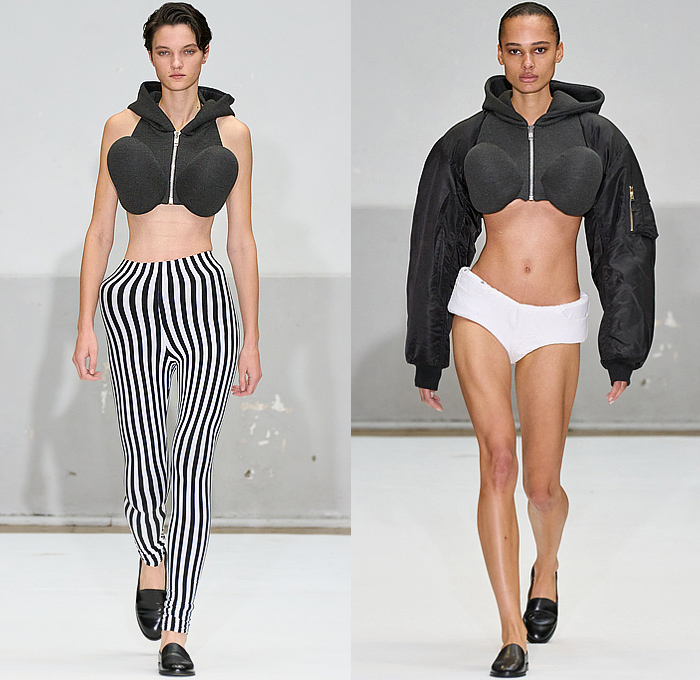 Duran Lantink 2025 Spring Summer Womens Runway Collection - Paris Fashion Week PFW - Bulge Padded Bikini Crop Top Midriff Flowers Floral Plants Denim Jeans Extra Hem Miniskirt Stripes Tights Leggings Sweatshirt Hoodie Cycling Shorts Swim Tubes Inflatables Sculpture Strapless Wide Leg Dress Cutout High Shoulders Vest Car Beads Seat Cover Halterneck Wide Sleeves Poufy Puff Leg O'Mutton Shoulders Polka Dots Onesie Coveralls Jumpsuit Naval Hat Bee Hive