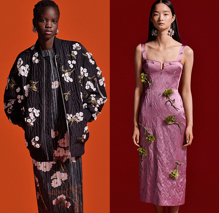 Erdem 2025 Resort Cruise Pre-Spring Womens Lookbook - Trompe L'oeil Flowers Floral Daisy Carnation Rose Brooch Broche Primula Embroidery Draped Asymmetrical Georgette Tiered Skeletal Sheer Tulle Bedazzled Crystals Sequins Capelet Bomber Jacket Ridges Ribbed Silk Satin Pinafore Dress Fringes Scarf Wide Leg Palazzo Pants Lace Embroidery Bell Sleeves Gown Pleats Blazer Pantsuit Herringbone Check Midi Skirt Brogues Coat Curved Sleeves Frayed Raw Hem