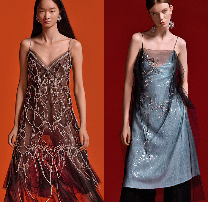 Erdem 2025 Resort Cruise Pre-Spring Womens Lookbook - Trompe L'oeil Flowers Floral Daisy Carnation Rose Brooch Broche Primula Embroidery Draped Asymmetrical Georgette Tiered Skeletal Sheer Tulle Bedazzled Crystals Sequins Capelet Bomber Jacket Ridges Ribbed Silk Satin Pinafore Dress Fringes Scarf Wide Leg Palazzo Pants Lace Embroidery Bell Sleeves Gown Pleats Blazer Pantsuit Herringbone Check Midi Skirt Brogues Coat Curved Sleeves Frayed Raw Hem