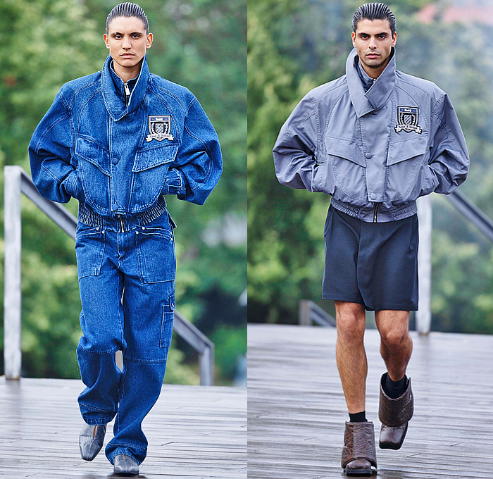 GmbH 2025 Spring Summer Mens Runway Collection - Denim Jeans Anorak Windbreaker Jacket Outerwear Pockets Cargo Pants Baggy Loose Shorts Fringes Tank Top Boxing Shorts Cutout Concave Crop Top Vest Laces Shoelaces Hooks Jogger Sweatpants Suit Blazer Hood Banded Boots Trainers