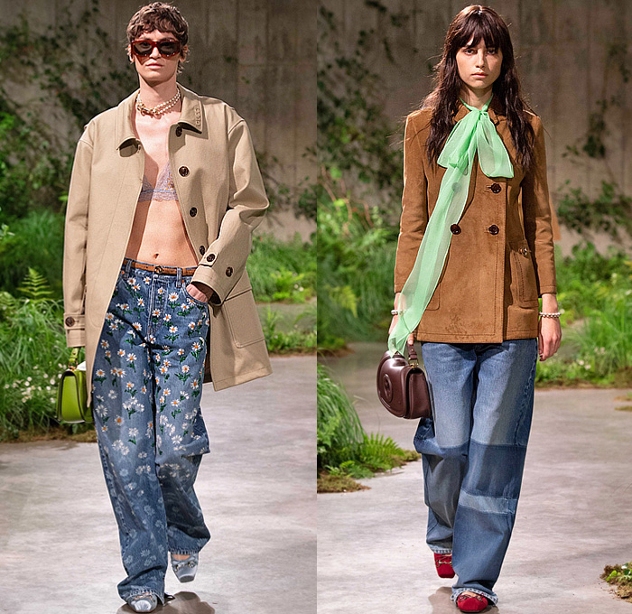 Gucci 2025 Resort Cruise Pre-Spring Womens Runway Collection - Sabato De Sarno - Daisy Flowers Floral Sheer Tulle Lace Trompe L'oeil Suede Coat Blazer Pantsuit Blouse Lingerie Intimates Check Plaid Pastel Accordion Pleats Skirt Shift Dress Pussy Bow Fringes Beads Boxy Bib One Shoulder Asymmetrical Crop Top Midriff Goddess Gown Low V-Neck Wide Leg Slouchy Denim Jeans Horsebit Flats Blondie Handbag Tote Loafers Creepers 