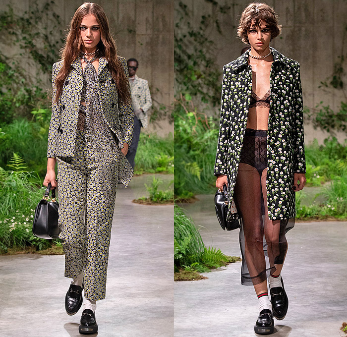 Gucci 2025 Resort Cruise Pre-Spring Womens Runway Collection - Sabato De Sarno - Daisy Flowers Floral Sheer Tulle Lace Trompe L'oeil Suede Coat Blazer Pantsuit Blouse Lingerie Intimates Check Plaid Pastel Accordion Pleats Skirt Shift Dress Pussy Bow Fringes Beads Boxy Bib One Shoulder Asymmetrical Crop Top Midriff Goddess Gown Low V-Neck Wide Leg Slouchy Denim Jeans Horsebit Flats Blondie Handbag Tote Loafers Creepers 