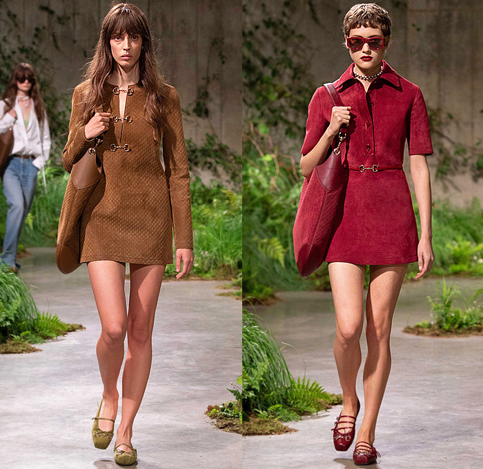 Gucci 2025 Resort Cruise Pre-Spring Womens Runway Collection - Sabato De Sarno - Daisy Flowers Floral Sheer Tulle Lace Trompe L'oeil Suede Coat Blazer Pantsuit Blouse Lingerie Intimates Check Plaid Pastel Accordion Pleats Skirt Shift Dress Pussy Bow Fringes Beads Boxy Bib One Shoulder Asymmetrical Crop Top Midriff Goddess Gown Low V-Neck Wide Leg Slouchy Denim Jeans Horsebit Flats Blondie Handbag Tote Loafers Creepers 