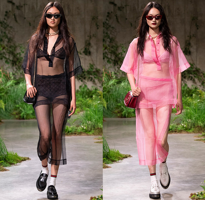 Gucci 2025 Resort Cruise Pre-Spring Womens Runway Collection - Sabato De Sarno - Daisy Flowers Floral Sheer Tulle Lace Trompe L'oeil Suede Coat Blazer Pantsuit Blouse Lingerie Intimates Check Plaid Pastel Accordion Pleats Skirt Shift Dress Pussy Bow Fringes Beads Boxy Bib One Shoulder Asymmetrical Crop Top Midriff Goddess Gown Low V-Neck Wide Leg Slouchy Denim Jeans Horsebit Flats Blondie Handbag Tote Loafers Creepers 