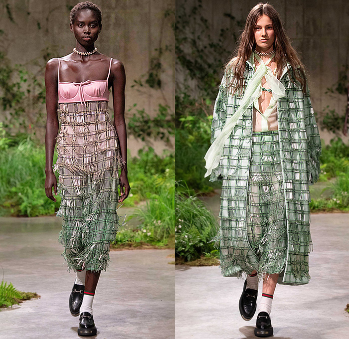 Gucci 2025 Resort Cruise Pre-Spring Womens Runway Collection - Sabato De Sarno - Daisy Flowers Floral Sheer Tulle Lace Trompe L'oeil Suede Coat Blazer Pantsuit Blouse Lingerie Intimates Check Plaid Pastel Accordion Pleats Skirt Shift Dress Pussy Bow Fringes Beads Boxy Bib One Shoulder Asymmetrical Crop Top Midriff Goddess Gown Low V-Neck Wide Leg Slouchy Denim Jeans Horsebit Flats Blondie Handbag Tote Loafers Creepers 