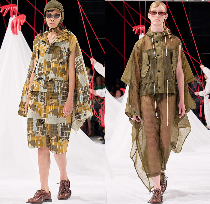 Henrik Vibskov 2025 Spring Summer Womens Runway Collection - Copenhagen Fashion Week Denmark CPHFW København - The Orchestra of the Soft Assistance SS25 - Abstract Art Hands Hood Anorak Parka Windbreaker Jacket Sheer Tulle Blouse Embossed Knit Patchwork Dress Stripes Frayed Shorts Culottes Wide Leg Curves Cocoon Tiered Skirt Tie Fighter Check Grid Lattice Industrial Buildings Grunge Ocean Life Corals Pantsuit Blazer Scarf Cap Boots Bowling Shoes