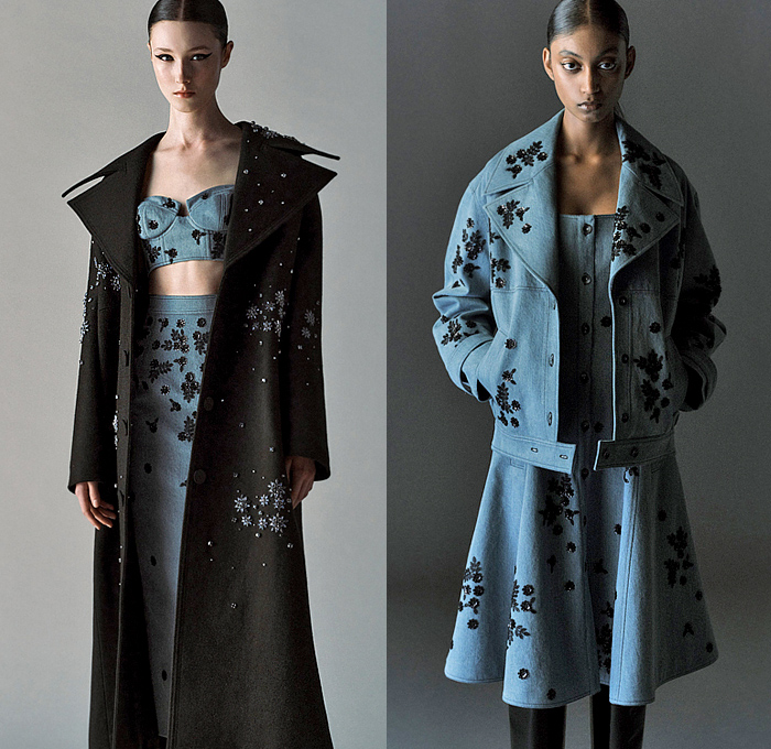 Huishan Zhang 2025 Resort Cruise Pre-Spring Womens Lookbook - Neoprene Feathers Denim Jeans Bedazzled Crystals Sequins Pearls Fringes Crop Top Midriff Wide Lapel Outerwear Coat Strapless Trompe L'oeil Flowers Floral Leaves Foliage Brooch Broche Blazer Jacket Pantsuit Pinafore Dress Pencil Skirt Exploded Ruffles Tiered Tulle Sheer Gown Cape Bows Accordion Pleats Draped Knit Sweater Jumper Tweed Cobweb Spider Web Net Embroidery Opera Gloves Veil