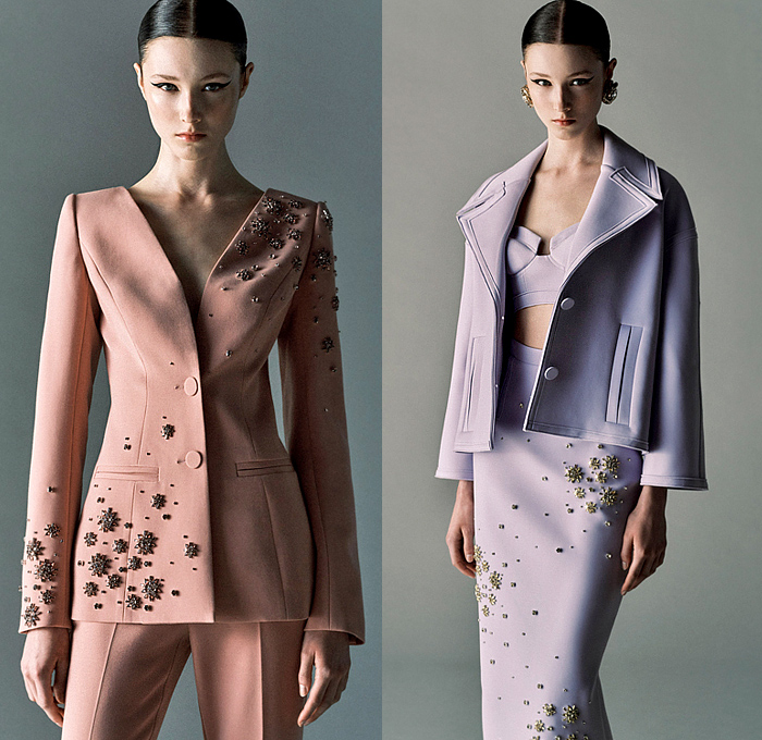 Huishan Zhang 2025 Resort Cruise Pre-Spring Womens Lookbook - Neoprene Feathers Denim Jeans Bedazzled Crystals Sequins Pearls Fringes Crop Top Midriff Wide Lapel Outerwear Coat Strapless Trompe L'oeil Flowers Floral Leaves Foliage Brooch Broche Blazer Jacket Pantsuit Pinafore Dress Pencil Skirt Exploded Ruffles Tiered Tulle Sheer Gown Cape Bows Accordion Pleats Draped Knit Sweater Jumper Tweed Cobweb Spider Web Net Embroidery Opera Gloves Veil