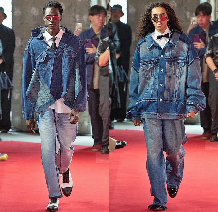 Junya Watanabe 2025 Spring Summer Mens Runway Collection - Paris Fashion Week Homme Printemps Eté - Destroyed Destructed Distressed Deconstructed Frayed Raw Hem Denim Jeans Patchwork Patches Suit Blazer Tuxedo Jacket Coat Check Plaid Extra Layer Pockets Bow Tie Hanging Sleeve Poncho Cloak Heavy Metal Punk Rock Bandanna Long Sleeve Shirt Windows Geometric Stripes Bib White Shirt Brogues