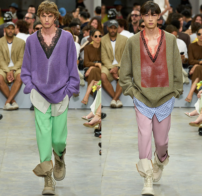 JW Anderson 2025 Spring Summer Mens Runway Collection - Milano Moda Uomo Primavera Estate Milan Fashion Week - Real Sleep - Knit Yarn Threads Cardigan Sweater Jumper Windows House Doors Vest Fleece Lace Embroidery Ribbed Slouchy Check Pellegrina Capelet Quilted Puffer Outerwear Coat Pockets Denim Jeans Shorts Cutoffs Strap Belt Oversized Folds Concave Concave Hem Bomber Biker Motorcycle Jacket Stripes Skirt Fringes Shirt Pastel Grid Baggy Loose Pants Boots Handbag