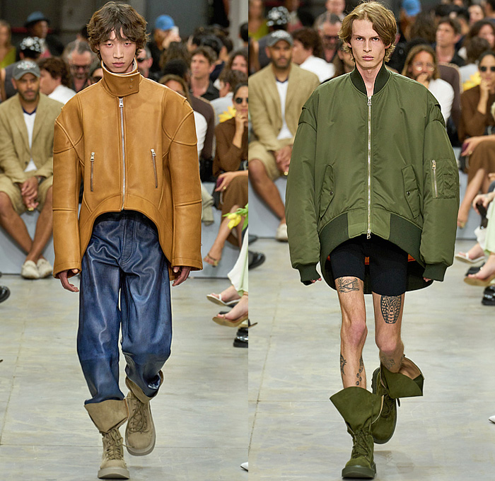 JW Anderson 2025 Spring Summer Mens Runway Collection - Milano Moda Uomo Primavera Estate Milan Fashion Week - Real Sleep - Knit Yarn Threads Cardigan Sweater Jumper Windows House Doors Vest Fleece Lace Embroidery Ribbed Slouchy Check Pellegrina Capelet Quilted Puffer Outerwear Coat Pockets Denim Jeans Shorts Cutoffs Strap Belt Oversized Folds Concave Concave Hem Bomber Biker Motorcycle Jacket Stripes Skirt Fringes Shirt Pastel Grid Baggy Loose Pants Boots Handbag