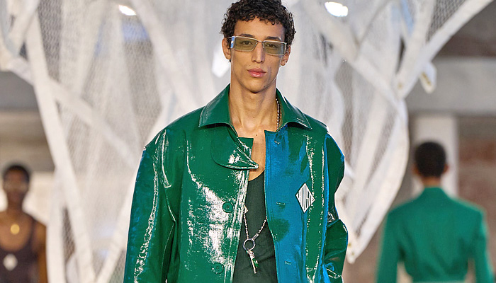 Lacoste 2025 Spring Summer Mens Collection - Paris Fashion Week PFW - Tennis to the Sea Side - Knit Mesh Tank Top Green Shirt Diamond Logo Nylon Windbreaker Parka Blazer Jacket Trench Coat Slouchy Wide Leg Baggy Loose Pants Shorts Manskirt Handbag Fishnet Fisherman Sandals