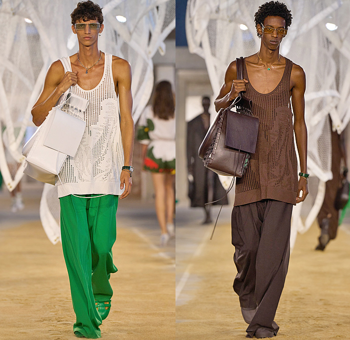 Lacoste 2025 Spring Summer Mens Collection - Paris Fashion Week PFW - Tennis to the Sea Side - Knit Mesh Tank Top Green Shirt Diamond Logo Nylon Windbreaker Parka Blazer Jacket Trench Coat Slouchy Wide Leg Baggy Loose Pants Shorts Manskirt Handbag Fishnet Fisherman Sandals