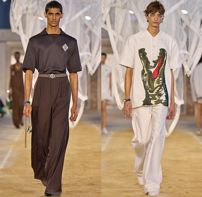 Lacoste 2025 Spring Summer Mens Collection - Paris Fashion Week PFW - Tennis to the Sea Side - Knit Mesh Tank Top Green Shirt Diamond Logo Nylon Windbreaker Parka Blazer Jacket Trench Coat Slouchy Wide Leg Baggy Loose Pants Shorts Manskirt Handbag Fishnet Fisherman Sandals