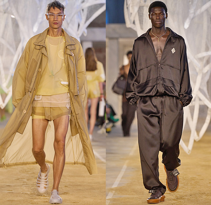 Lacoste 2025 Spring Summer Mens Collection - Paris Fashion Week PFW - Tennis to the Sea Side - Knit Mesh Tank Top Green Shirt Diamond Logo Nylon Windbreaker Parka Blazer Jacket Trench Coat Slouchy Wide Leg Baggy Loose Pants Shorts Manskirt Handbag Fishnet Fisherman Sandals