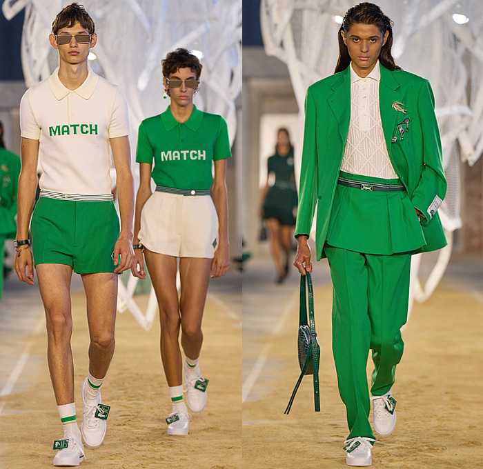 Lacoste 2025 Spring Summer Mens Collection - Paris Fashion Week PFW - Tennis to the Sea Side - Knit Mesh Tank Top Green Shirt Diamond Logo Nylon Windbreaker Parka Blazer Jacket Trench Coat Slouchy Wide Leg Baggy Loose Pants Shorts Manskirt Handbag Fishnet Fisherman Sandals