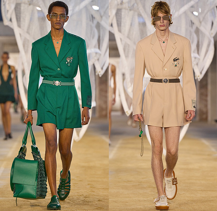 Lacoste 2025 Spring Summer Mens Collection - Paris Fashion Week PFW - Tennis to the Sea Side - Knit Mesh Tank Top Green Shirt Diamond Logo Nylon Windbreaker Parka Blazer Jacket Trench Coat Slouchy Wide Leg Baggy Loose Pants Shorts Manskirt Handbag Fishnet Fisherman Sandals