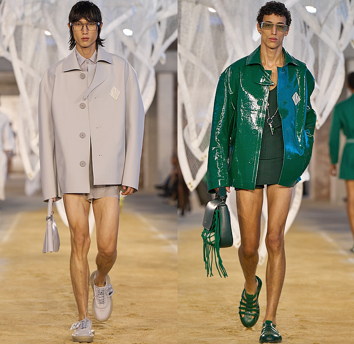 Lacoste 2025 Spring Summer Mens Collection - Paris Fashion Week PFW - Tennis to the Sea Side - Knit Mesh Tank Top Green Shirt Diamond Logo Nylon Windbreaker Parka Blazer Jacket Trench Coat Slouchy Wide Leg Baggy Loose Pants Shorts Manskirt Handbag Fishnet Fisherman Sandals