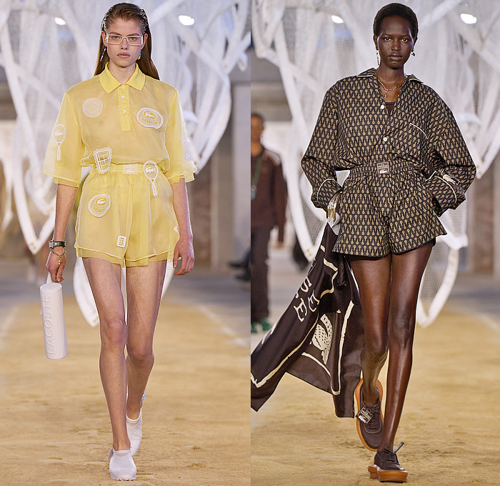 Lacoste 2025 Spring Summer Womens Runway Collection - Paris Fashion Week PFW - Tennis to the Sea Side - Embroidery Patches Sheer Shirt Loungewear Knit Vest Mesh Shift Dress Cutout Waist Diamond Logo Giant Crocodile Wool Blazer Jacket Outerwear Parka Coat Windbreaker Nylon Shorts Miniskirt Pleats Onesie Coveralls Jumpsuit Caftan Kaftan Halterneck Handbag Fisherman Sandals Wrapped Shoes