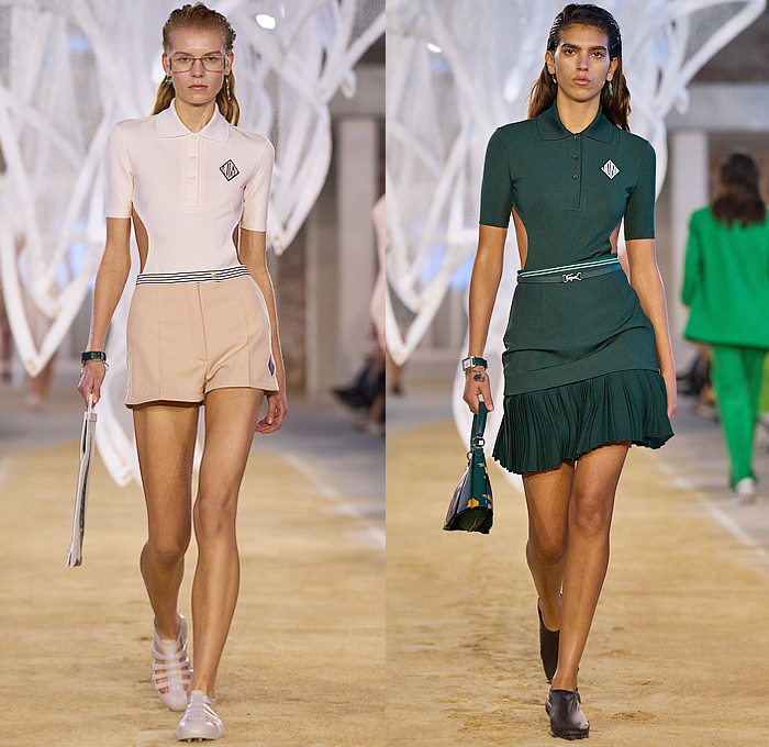 Lacoste 2025 Spring Summer Womens Runway Collection - Paris Fashion Week PFW - Tennis to the Sea Side - Embroidery Patches Sheer Shirt Loungewear Knit Vest Mesh Shift Dress Cutout Waist Diamond Logo Giant Crocodile Wool Blazer Jacket Outerwear Parka Coat Windbreaker Nylon Shorts Miniskirt Pleats Onesie Coveralls Jumpsuit Caftan Kaftan Halterneck Handbag Fisherman Sandals Wrapped Shoes