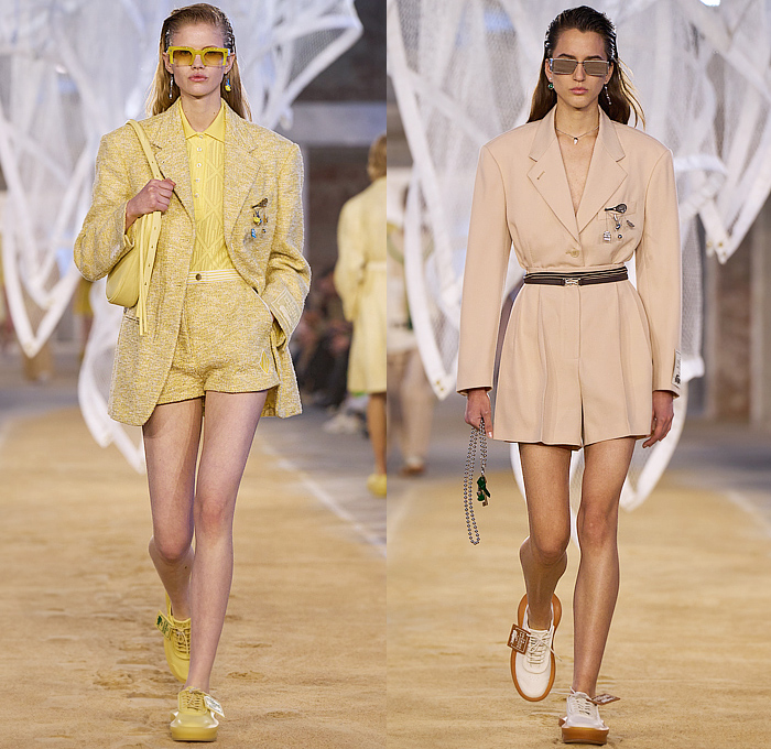 Lacoste 2025 Spring Summer Womens Runway Collection - Paris Fashion Week PFW - Tennis to the Sea Side - Embroidery Patches Sheer Shirt Loungewear Knit Vest Mesh Shift Dress Cutout Waist Diamond Logo Giant Crocodile Wool Blazer Jacket Outerwear Parka Coat Windbreaker Nylon Shorts Miniskirt Pleats Onesie Coveralls Jumpsuit Caftan Kaftan Halterneck Handbag Fisherman Sandals Wrapped Shoes