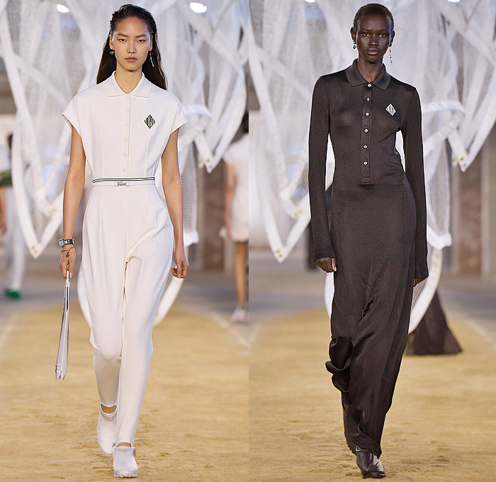 Lacoste 2025 Spring Summer Womens Runway Collection - Paris Fashion Week PFW - Tennis to the Sea Side - Embroidery Patches Sheer Shirt Loungewear Knit Vest Mesh Shift Dress Cutout Waist Diamond Logo Giant Crocodile Wool Blazer Jacket Outerwear Parka Coat Windbreaker Nylon Shorts Miniskirt Pleats Onesie Coveralls Jumpsuit Caftan Kaftan Halterneck Handbag Fisherman Sandals Wrapped Shoes