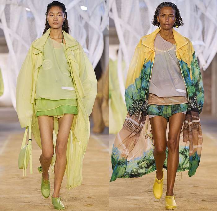 Lacoste 2025 Spring Summer Womens Runway Collection - Paris Fashion Week PFW - Tennis to the Sea Side - Embroidery Patches Sheer Shirt Loungewear Knit Vest Mesh Shift Dress Cutout Waist Diamond Logo Giant Crocodile Wool Blazer Jacket Outerwear Parka Coat Windbreaker Nylon Shorts Miniskirt Pleats Onesie Coveralls Jumpsuit Caftan Kaftan Halterneck Handbag Fisherman Sandals Wrapped Shoes