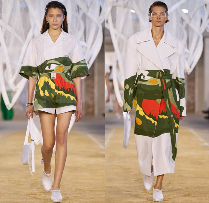 Lacoste 2025 Spring Summer Womens Runway Collection - Paris Fashion Week PFW - Tennis to the Sea Side - Embroidery Patches Sheer Shirt Loungewear Knit Vest Mesh Shift Dress Cutout Waist Diamond Logo Giant Crocodile Wool Blazer Jacket Outerwear Parka Coat Windbreaker Nylon Shorts Miniskirt Pleats Onesie Coveralls Jumpsuit Caftan Kaftan Halterneck Handbag Fisherman Sandals Wrapped Shoes