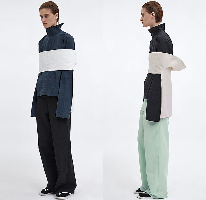 LII 2025 Spring Summer Womens Lookbook - New York Fashion Week NYFW - Zane Li - Geometric Bandage Wrap Shrug Shawl Cape Bandeau Turtleneck Long Sleeve Blouse Crop Top Midriff Noodle Strap Handkerchief Hem Loop Streamer Sash Shift Dress Sleeveless Deconstructed Minimalist Vest Tabard Extra Panel Wide Leg Miniskirt Draped Outerwear Coat Poncho Socks Thongs Slippers