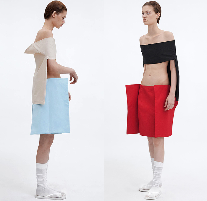 LII 2025 Spring Summer Womens Lookbook - New York Fashion Week NYFW - Zane Li - Geometric Bandage Wrap Shrug Shawl Cape Bandeau Turtleneck Long Sleeve Blouse Crop Top Midriff Noodle Strap Handkerchief Hem Loop Streamer Sash Shift Dress Sleeveless Deconstructed Minimalist Vest Tabard Extra Panel Wide Leg Miniskirt Draped Outerwear Coat Poncho Socks Thongs Slippers